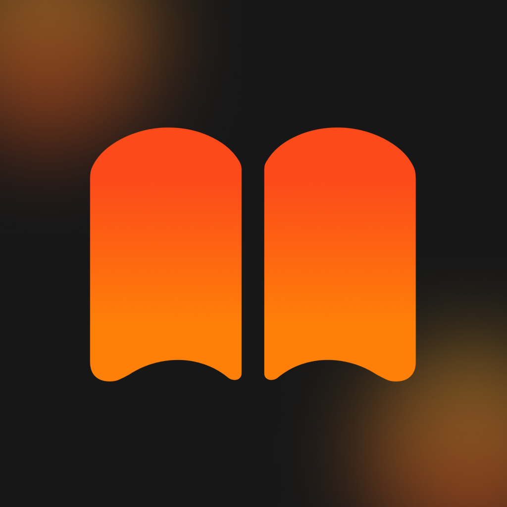 Orange gradient book icon on a dark background.
